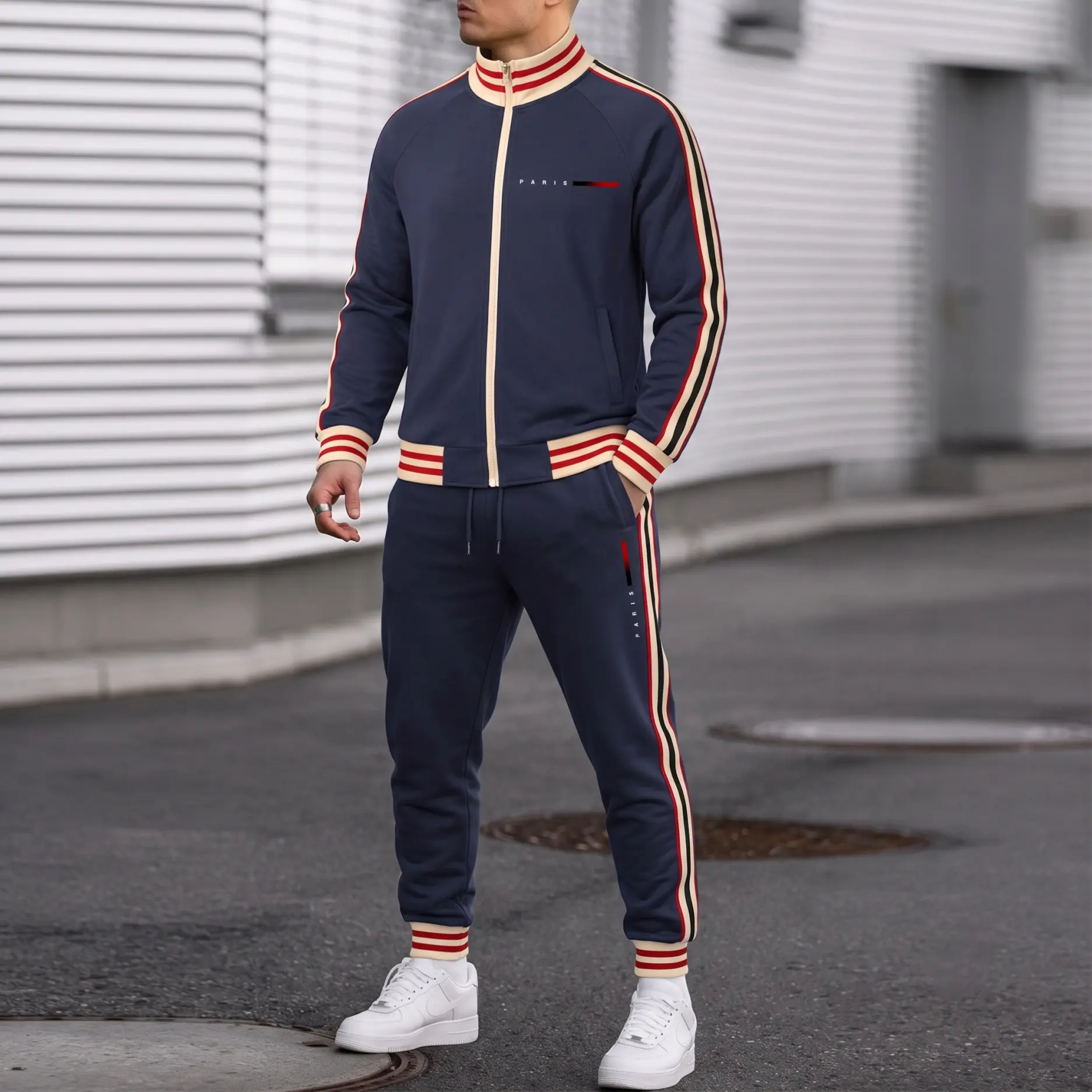 Men’s PARIS Letter Graphic Tracksuit Set, Retro Stripe Zip Stand Collar Jacket and Drawstring Jogger Pants, Casual Athletic Two-Piece Streetwear Outfit for Travel, Workout, Walking and Daily Wear