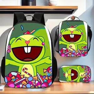 Happy Tree Friends Squirrel Candy three-piece school bag set with a pure green background, includes a backpack, insulated lunch bag, and pencil case, suitable for teenagers' daily school use
