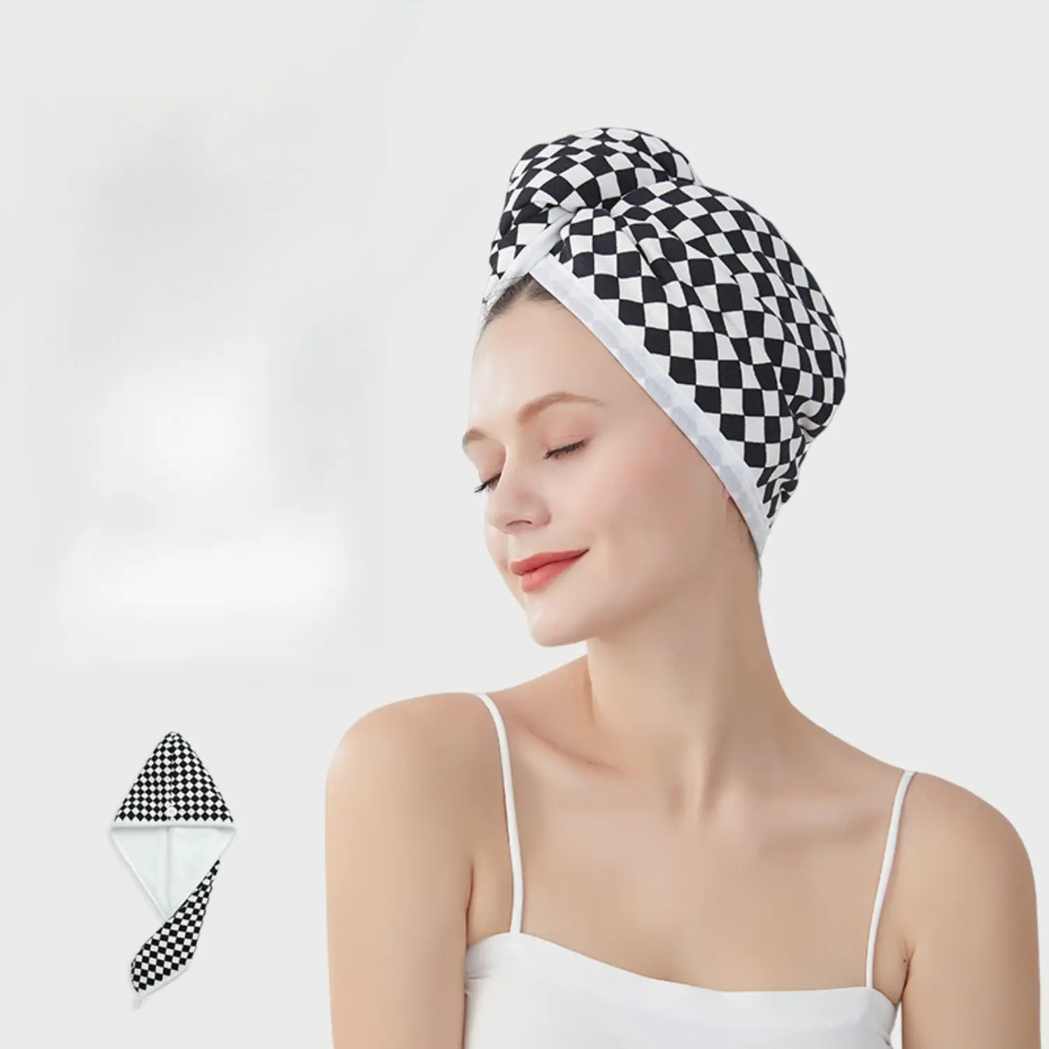 Hair Drying Towel Trendy Checkered Hair Turban Super Absorbent Microfiber Hair Wrap Multifunctional Anti-Frizz Drying Cap Quick Dry Lightweight Head Towel for Shower Spa Bath Makeup