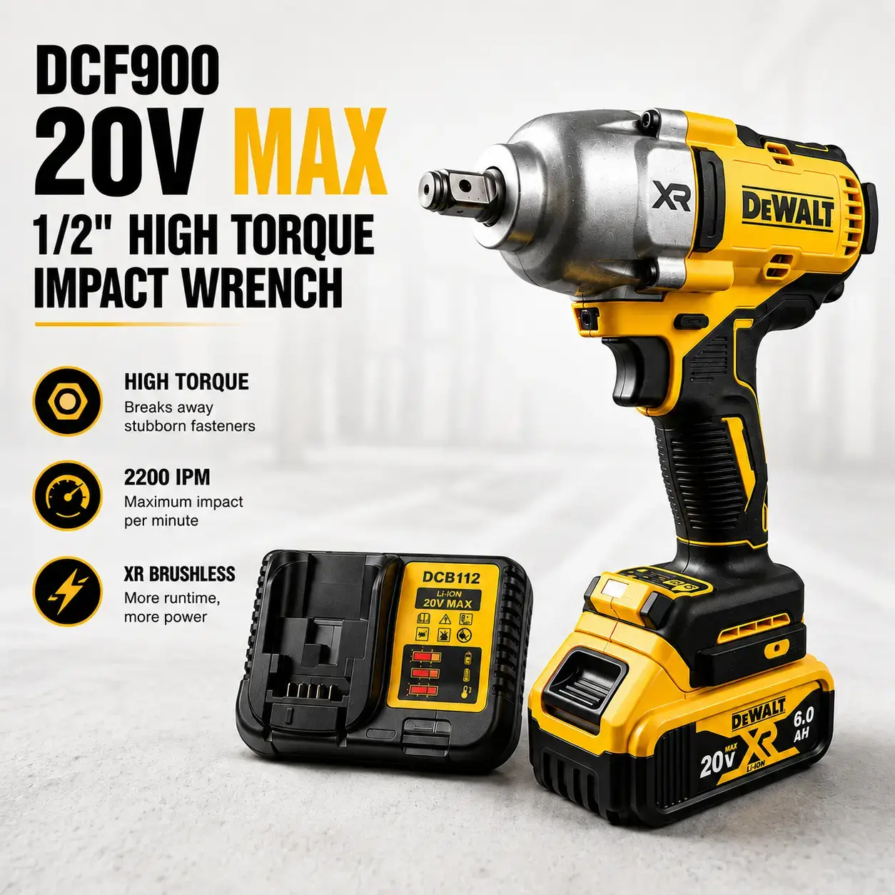 DEWALT DCF900 20V Cordless Heavy-Duty Impact Wrench, 3-Speed Brushless 2300RPM 2200IPM 1/2 Inch Drive Power Impact Gun for Auto Repair & Mechanic Jobsite