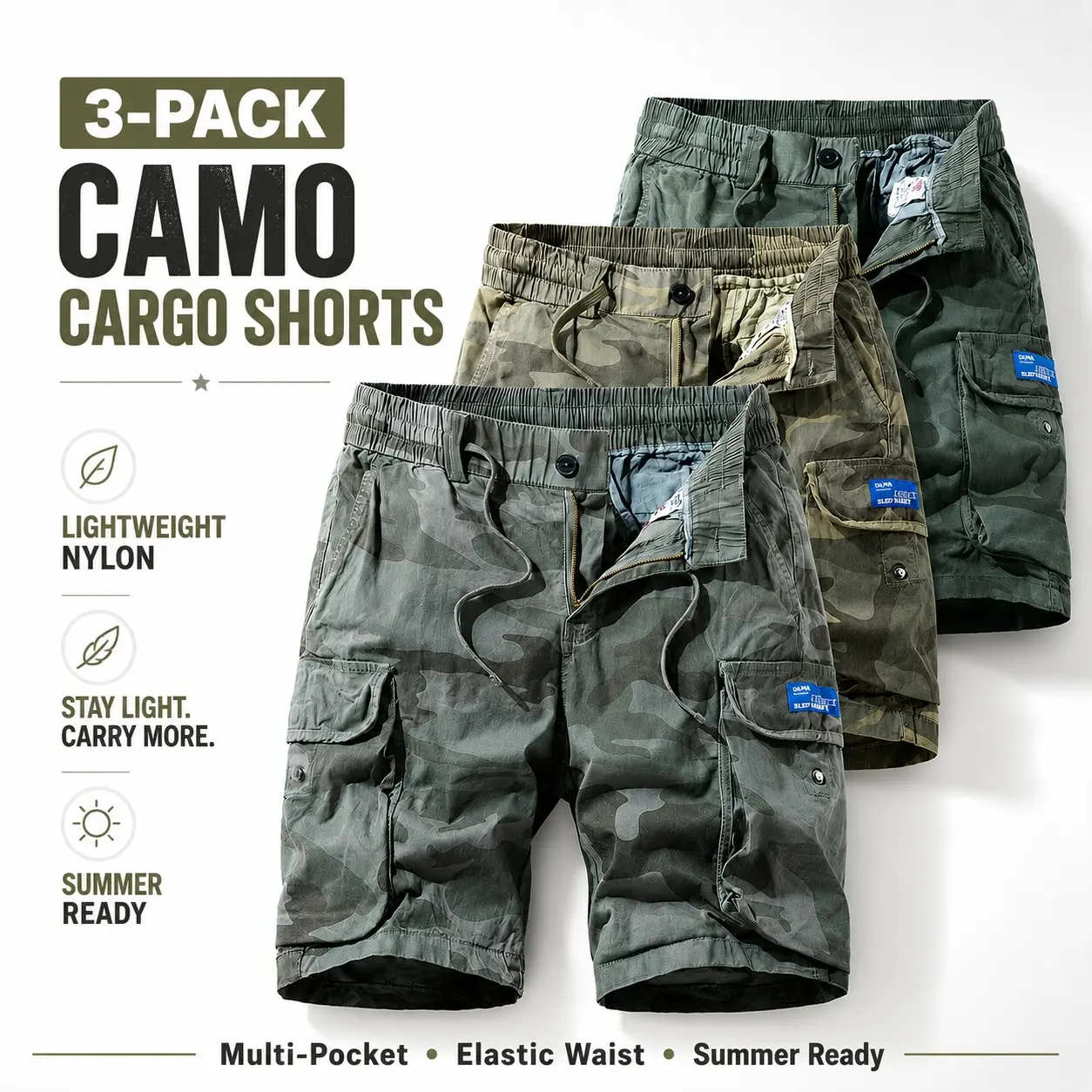 Men's 3 Pack Camo Cargo Shorts, Lightweight Nylon Multi-Pocket Utility Shorts for Summer Outdoor Casual Everyday Wear casual cargo short mens active jean men