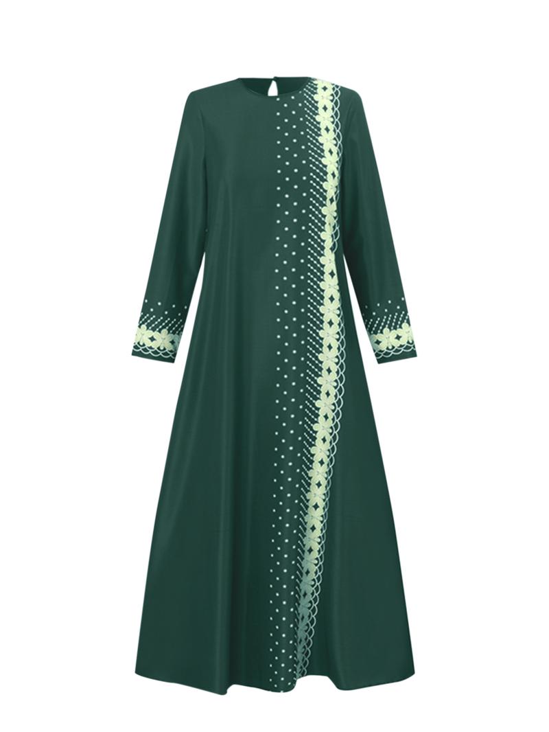Women's Floral & Dot Print Long Sleeve Maxi Dress, Modest Round Neck Arabian Dress for Daily Wear, Ladies Islamic Clothing for All Seasons