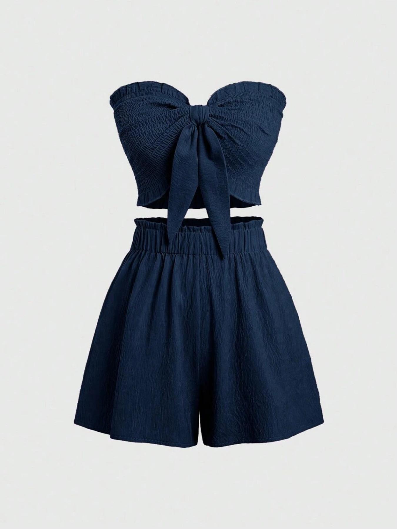 Two-Piece Set Women's Basic Solid Color Crop Tube Top & Elastic Waist Shorts Set, Casual Fashion Cozy Outfits for Daily Outdoor Wear, Ladies Clothes for Summer