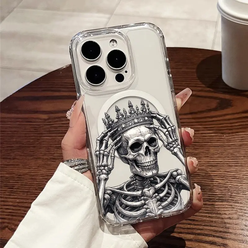 Crowned Skeleton Phone Case, Gothic Bone King Clear Bumper Cover for iPhone 17 16 15 14 13 12 11 X Plus Pro Max, Spooky Season Gift