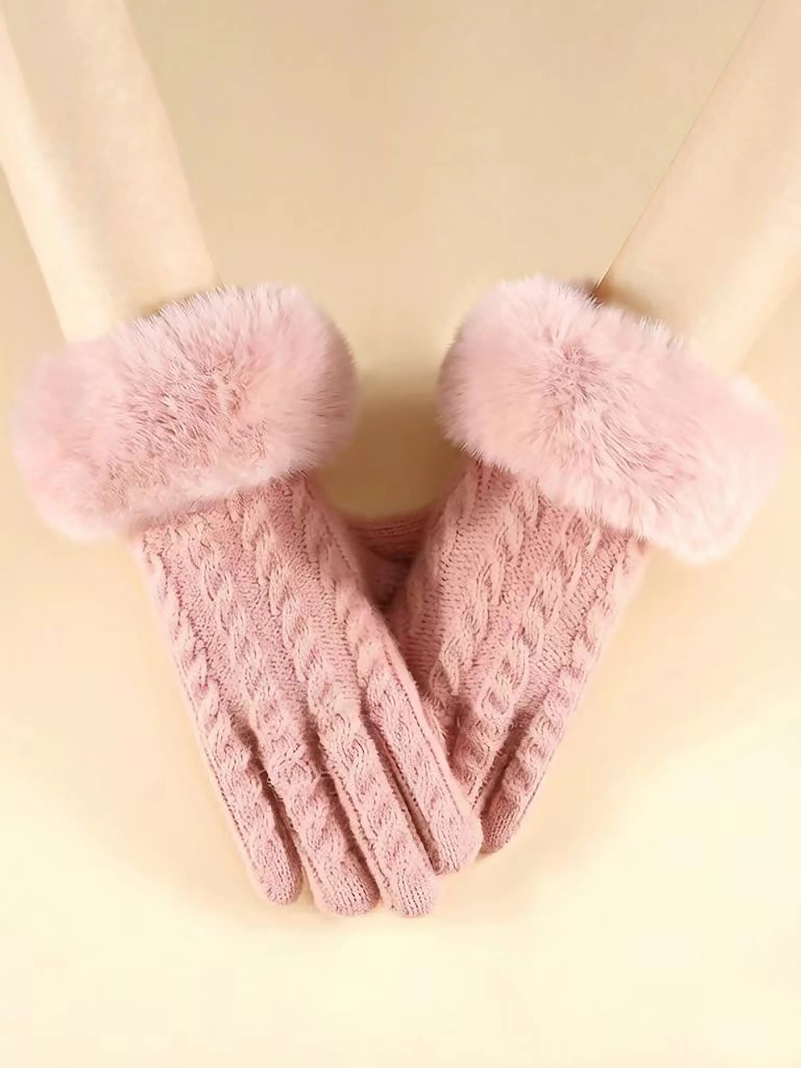 New Winter Knit Gloves for Women, Cute Large Fur Mouth Gloves, Anti-Cold Outdoor Cycling Touch Screen Warm Five-Finger Gloves