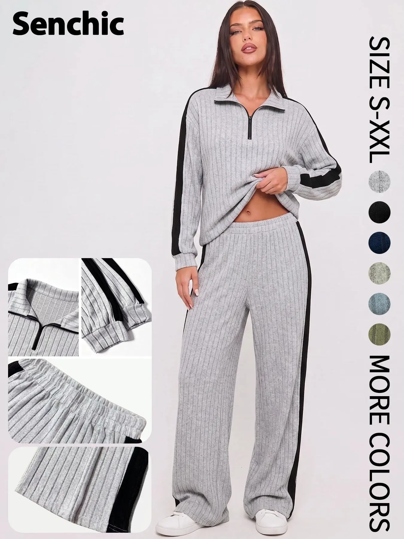 European and American Fashion Casual Lazy Loose Style Knitted Striped Patchwork Contrast Design Zipper Long Sleeve Sweatshirt and Wide Leg Pants Set