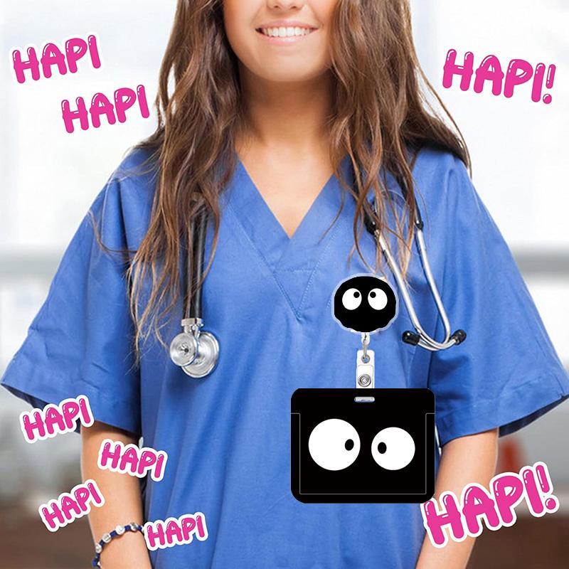 3 Retractable ID Name Badge Clips with Rotating Alligator Clip (with Keychain), Nurse Badge Reel, ID Name Badge Clip Accessories with Black Coal Ball Funny Expression