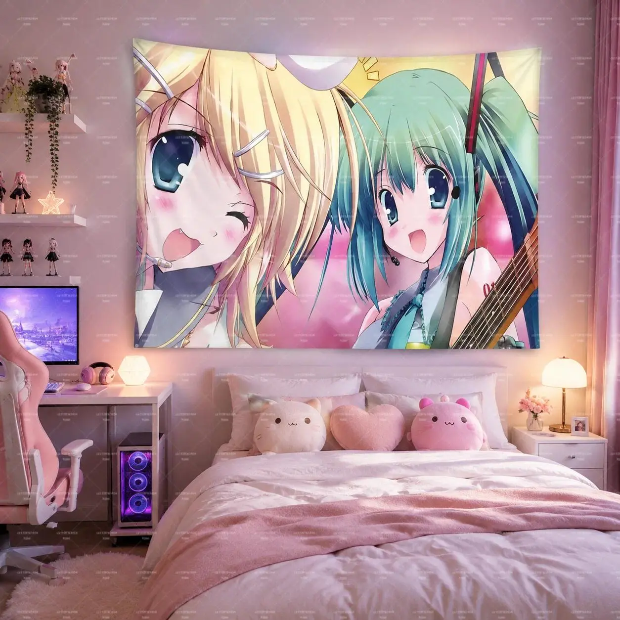 Vocaloid Hatsune Miku & Kagamine Rin Figures Print Tapestry - Lightweight Retro Moe Pink Guitar Anime Backdrop, Photo Prop, Otaku Bedroom Wall Decor, Otaku Fans