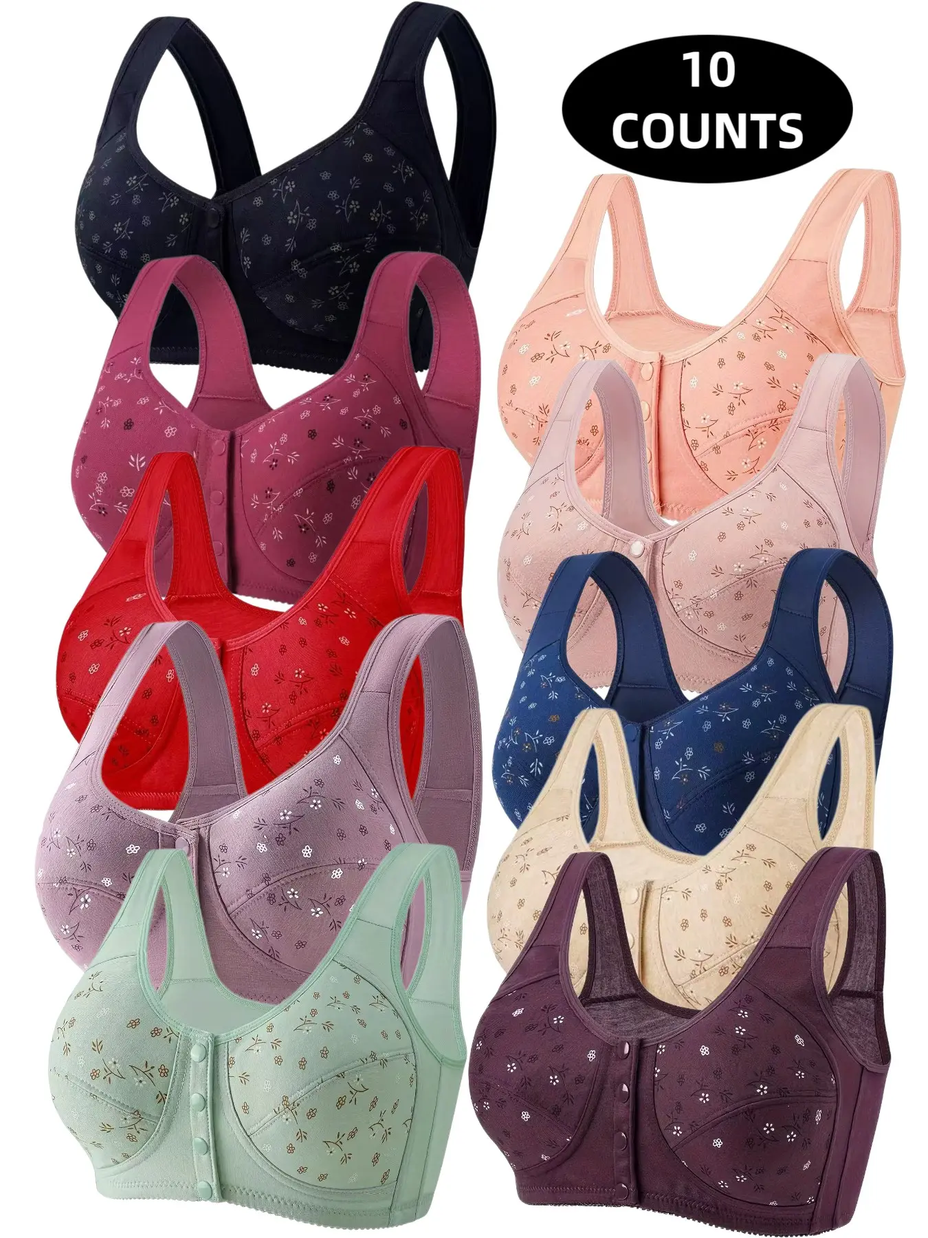 10-Pack Women's Wire-Free Front Buckle Bralettes, Seamless Comfort Fit, Daily Wear Underwire Free Bras, Breathable Soft Fabric, All-Day Support