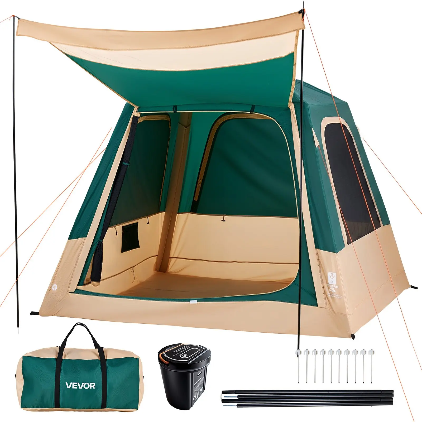 VEVOR Camping Tent, 4 Person Inflatable Cabin Tent with Rechargeable Pump, TPU Air Tube 5 Large Mesh Windows, Portable Easy Setup Waterproof with Carry Bag for Family Outdoor Camping Hiking, Green