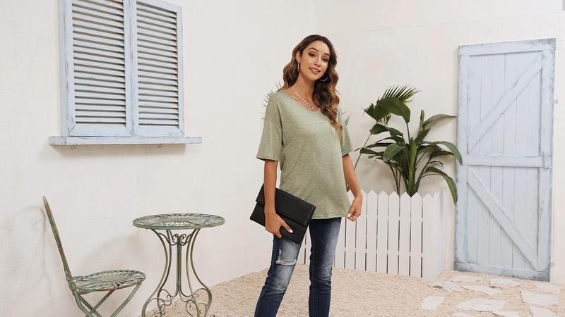 Imily Bela Women Fashion V-Neck Half Sleeves Oversized T Shirt Solid Casual Loose Basic Tops Fabric Summer Womenswear Lightweight Necklace Skinny Style Comfort Streetwear Spandex Imily Bela Women Fashion V-Neck Half Sleeves Oversized T Shirt Solid Casual Loose Basic Tops Fabric Summer Womenswear Lightweight Necklace Skinny Style Comfort Streetwear Spandex