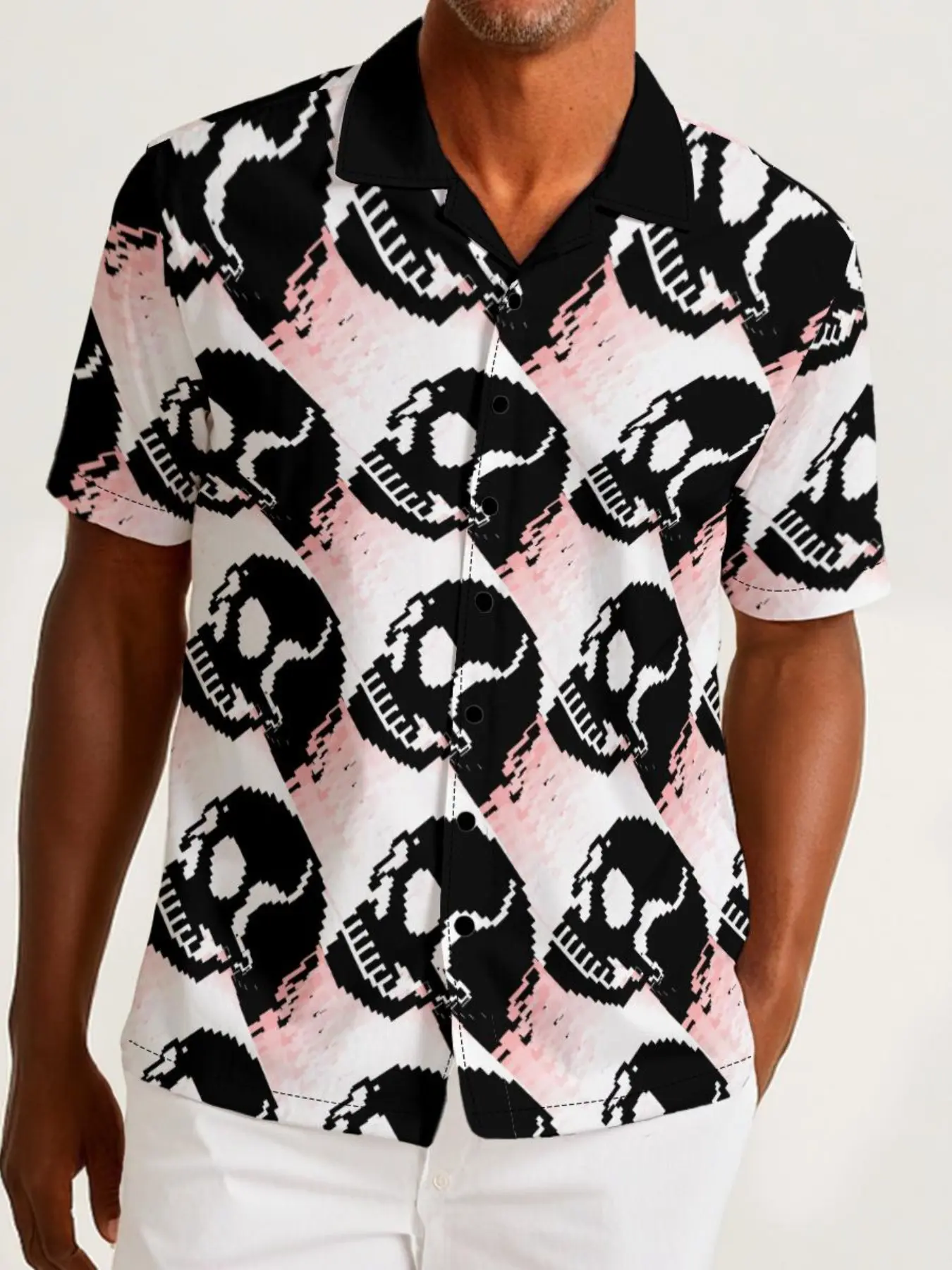 Men's Short Sleeve Shirt, Pink White Gradient Pixel Skull Diamond All Over Print, Loose Fit Turn-Down Collar, Button-Up Streetwear Casual Top for Summer Party