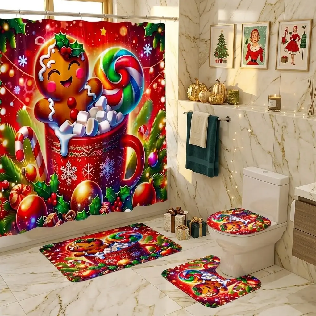 4pcs Christmas Gingerbread Man Hot Cocoa Cup Lollipop Holly Snowflake Decorative Print Shower Curtain Set, Fun Christmas Bathroom Set with Toilet Lid Cover and Matching Bath Mat, Thicker and Softer Bath Mat Fabric! Bright and Colorful Bathroom Decor
