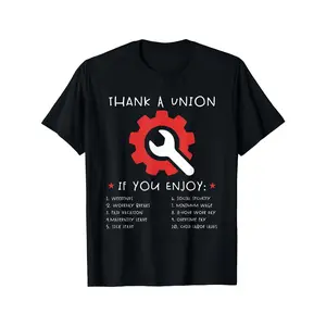 Labor Day Thank A Union Shirt - Union Strong Funny Graphic Tee, Black with Red Gear Design - Soft Breathable Cotton Crew Neck T-Shirt for Workers, Union Members - Machine Washable Apparel for Labor Day Parade, Strike Support - Adult Unisex Casual Shirt, P