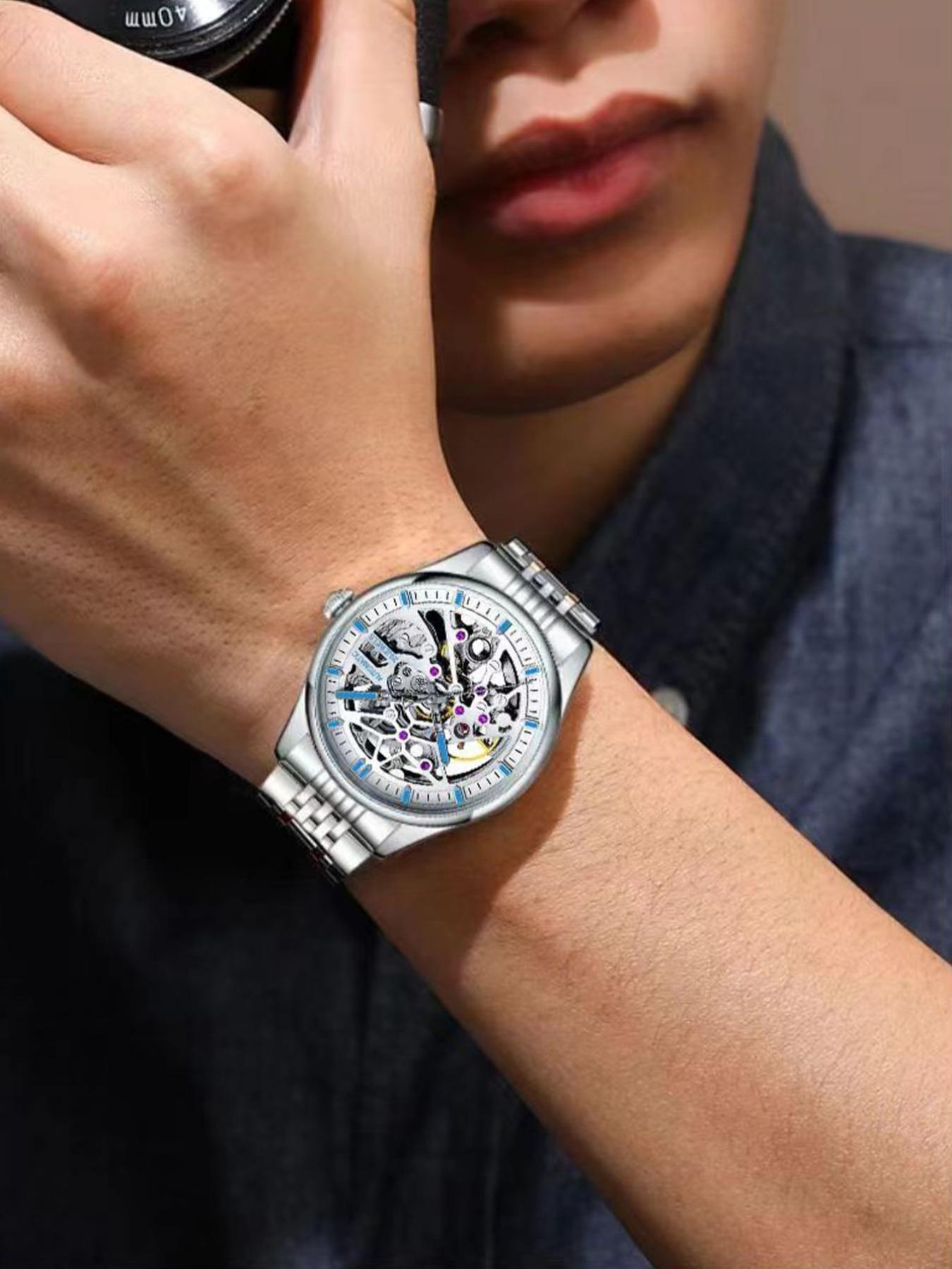 Men's Business Fashion Automatic Round Dial Mechanical Watch with Engraved Design, Elegant All-match Fashion Accessories for Daily Wear, Exquisite Accessories for Birthday Gifts, Mechanical Style Watches