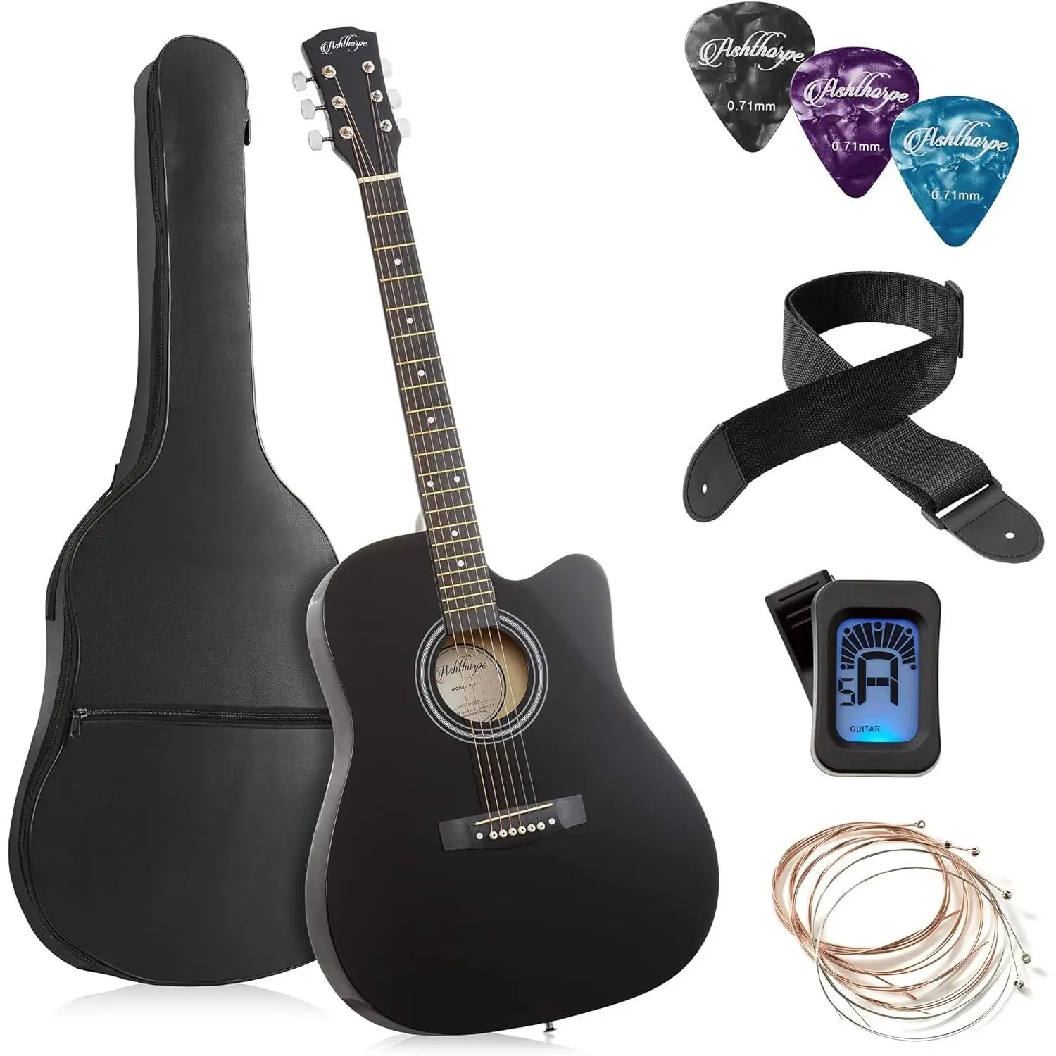 41-inch Beginner Cutaway Acoustic Guitar Package (Black), Full Size  Starter Kit w/Gig Bag, Strings, Strap, Tuner, Picks