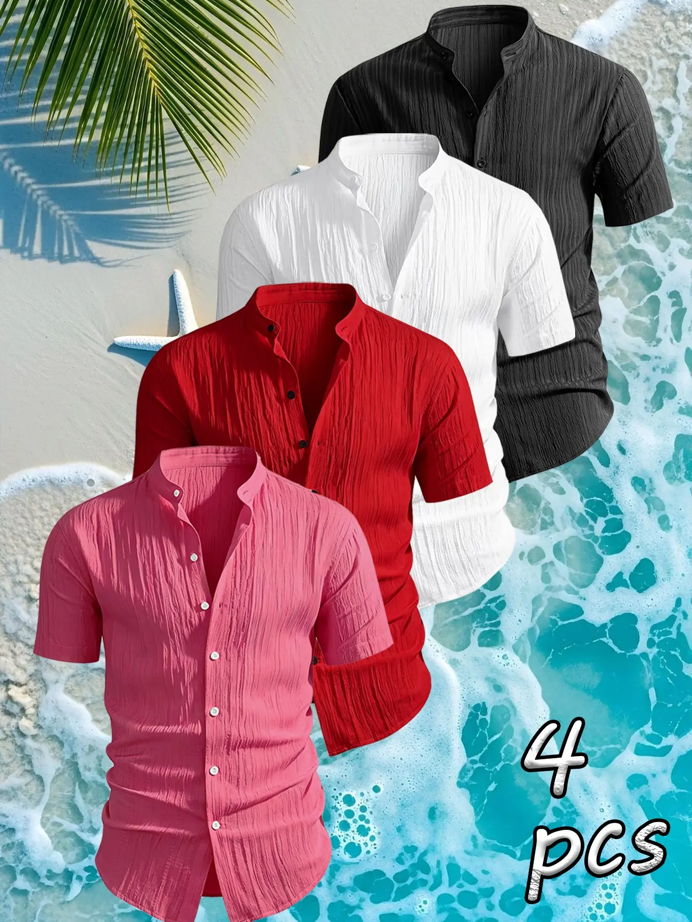 4-Pack Men's Summer Short Sleeve Shirts, Solid Color, Lightweight Breathable, Stand Collar Button Shirt, Ideal for Beach Poolwear