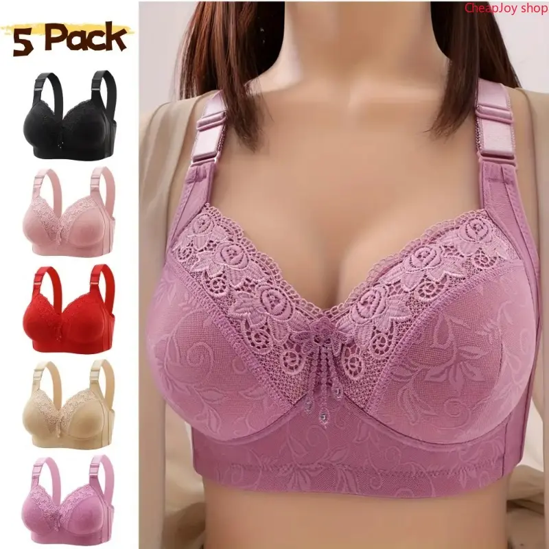2026 5-Pack/3-Pack Women's Luxurious Contrast Lace Enhanced Push Up Bra Ultra Adjustable Strap Cloud Like Soft All Day Breathable Year Round Wearable Underwear Ideal Daily Comfy Lingerie Perfect Fit Skin Friendly Versatile Bralette -RR