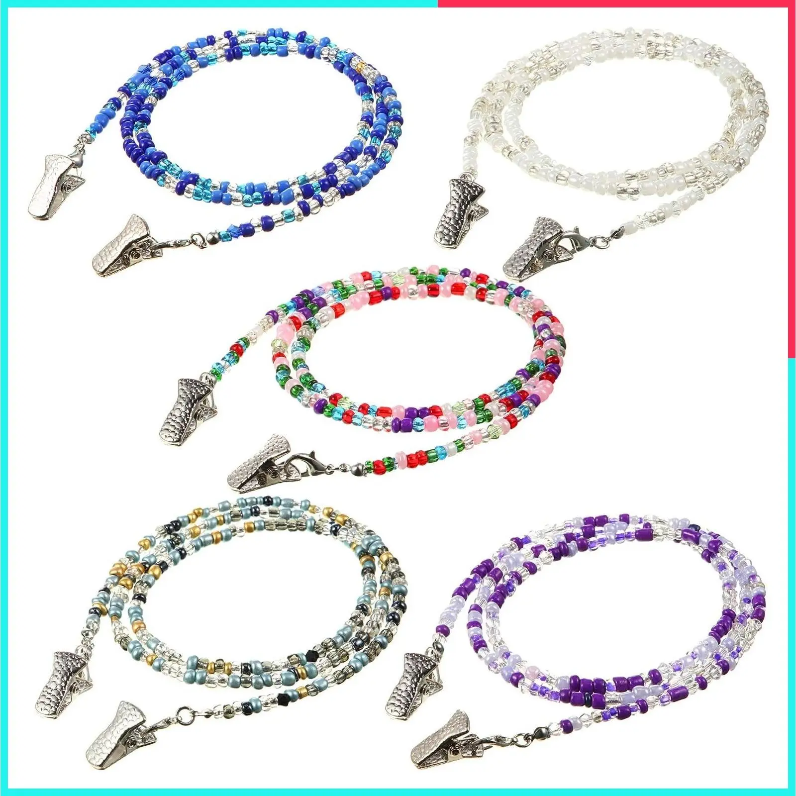 5 Pack Colorful Beaded Eyeglass Chains Clip Holders, Handmade Face Mask Lanyards Necklace with 5 Pairs Silver Clips, 28 Inches Long