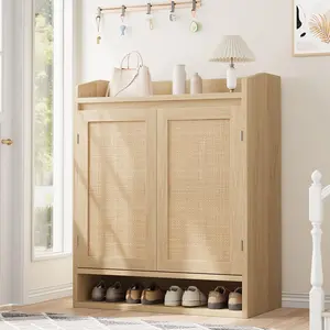 Garvee Modern Rattan Shoe Cabinet for Entryway Storage, Wooden Shoe Rack Organizer with Adjustable Shelves, Closed Dustproof Furniture for Hallway Living Room BedroomNatural
