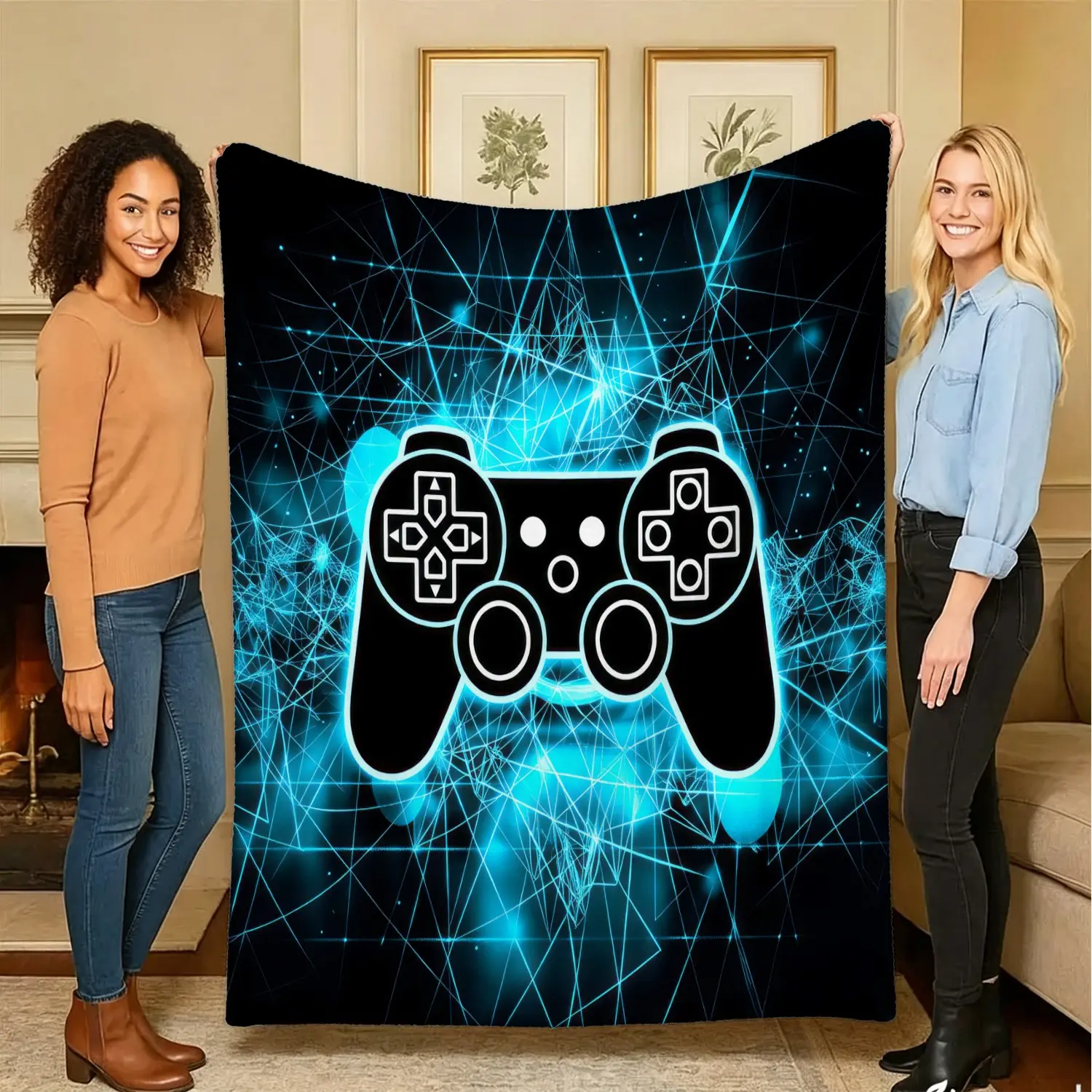 Blue Neon Tech Game Controller Printed Blanket, Cool E-Sports Sci-Fi Style, Soft And Fluffy Flannel Blanket, Comfortable Home DéCor,  For Beds, Sofas, Camping, Travel, Office Naps, Lightweight And Multi-Purpose Warm Blanket, A Great Gift For Teenagers