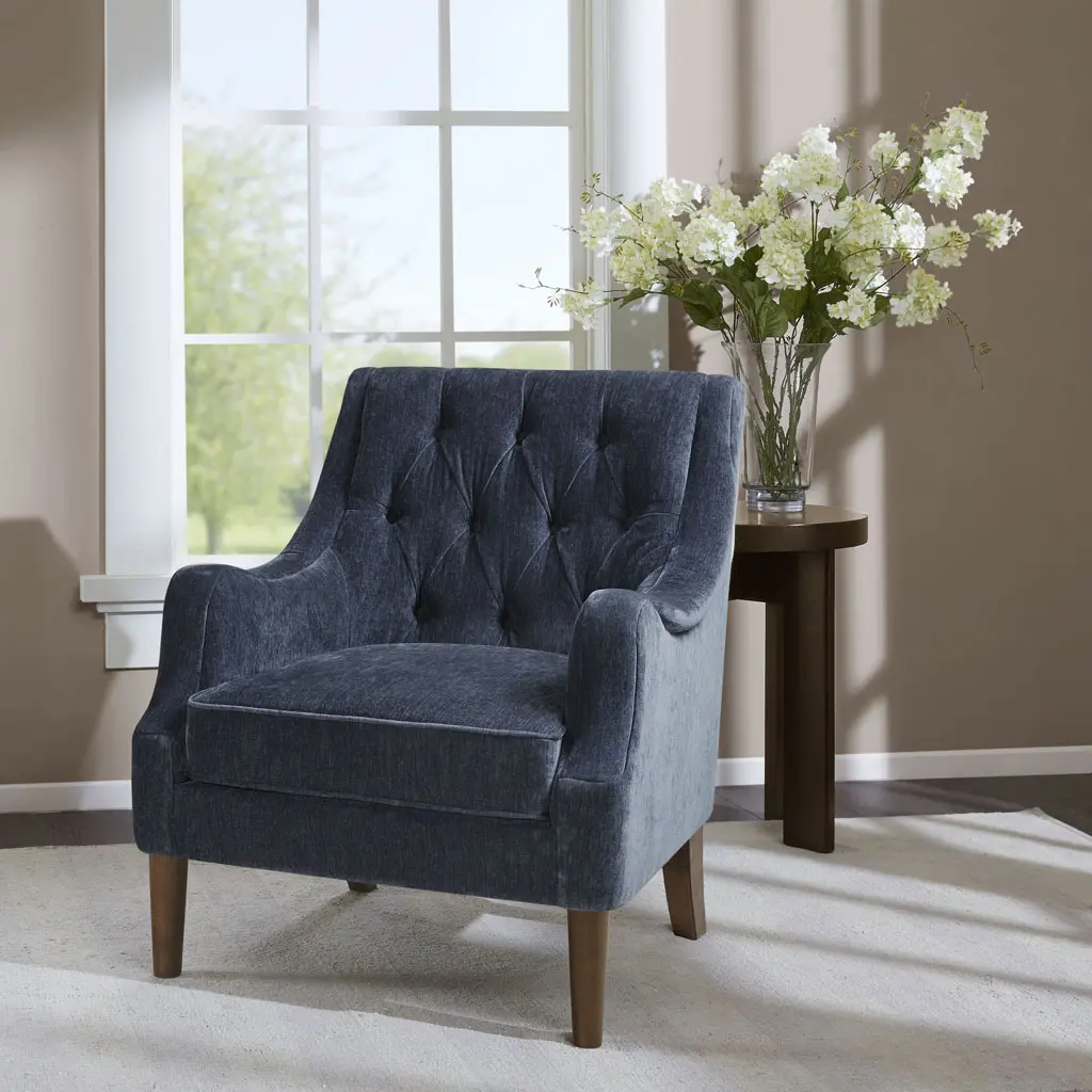 Nokaa Button Tufted Accent Chair, Upholstered Armchair with Round Arms and Solid Wood Legs, Transitional Design for Living Room, Bedroom, Office, Reading Nook, Navy Polyester
