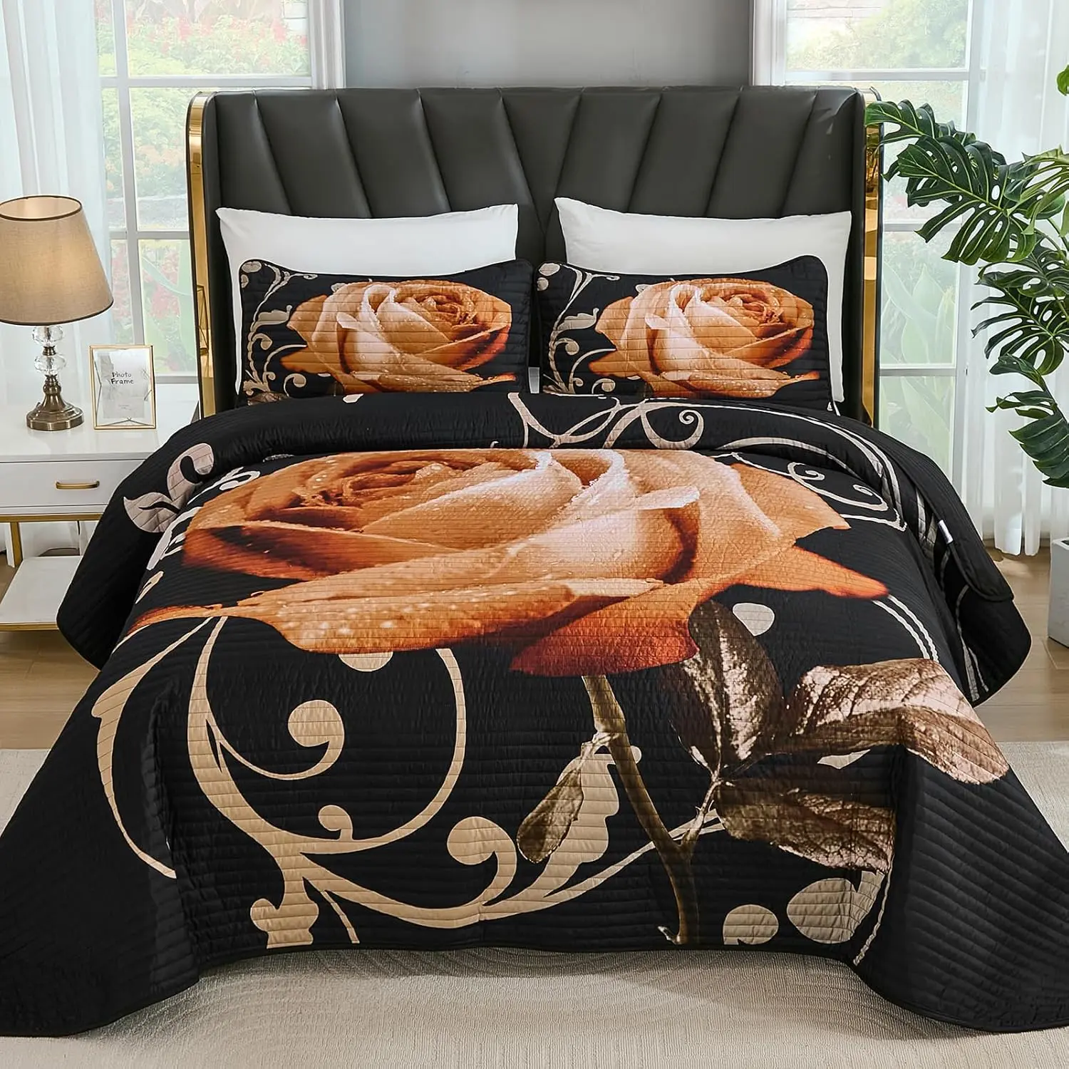 Floral Set Queen Size, 3 Pieces Orange Rose Set Botanical Bedspread with 2 Pillow Shams Bedding Set, Soft Micorfiber Lightweight Coverlet for All Season (90"x96")