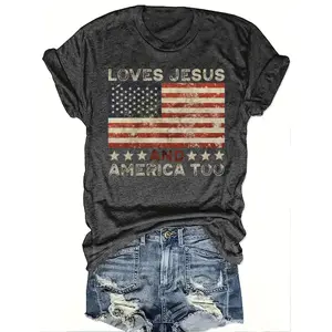 Women's Patriotic "Loves Jesus and America Too" T-Shirt - American Flag & Cross Design, Soft Breathable Fabric, Casual Round Neck Short Sleeve, Machine Washable, All-Season Comfort for Independence Day & Faith-Based Celebrations;American Flag Clothes