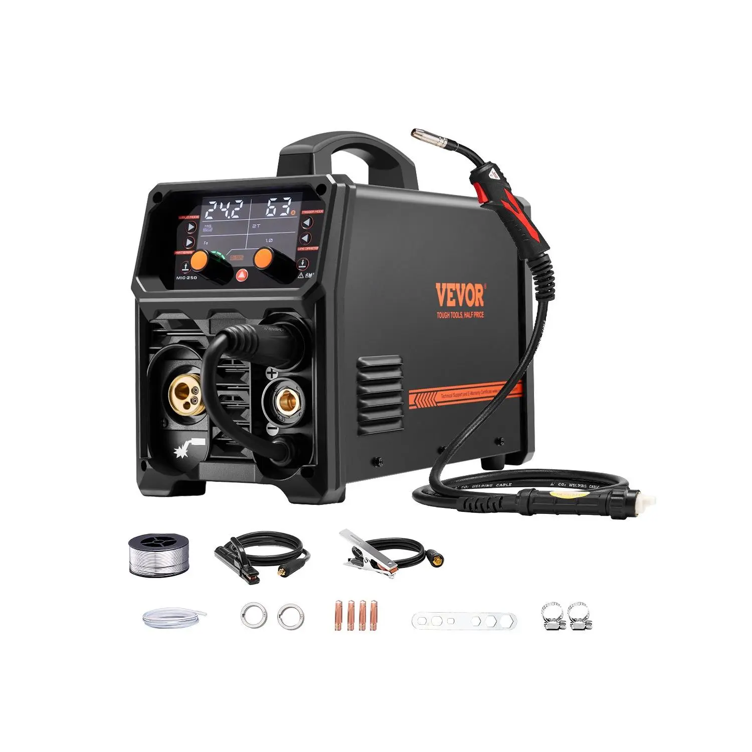 VEVOR Pro MIG Welder, 250A Pluse Mig Welding Machine, 5-in-1 Synergic Welder Machine MIG Pluse/Gas MIG/Flux Core MIG/Stick/Lift TIG, 110V/220V Dual Voltage Aluminum Mig Welder with LCD Screen Display