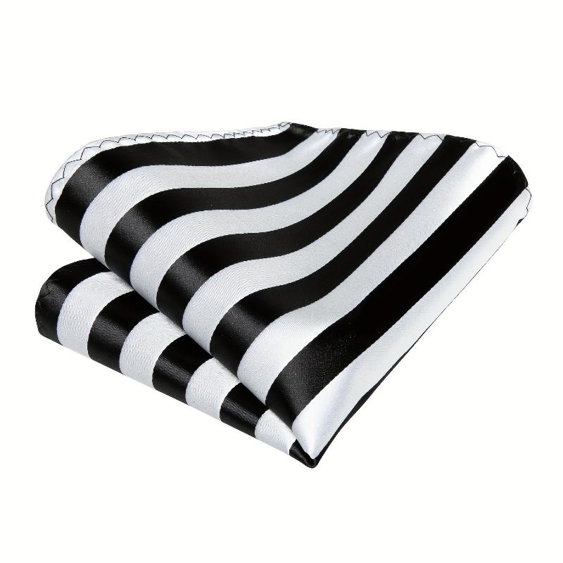 Elegant LINEZISEID Men's Striped Necktie, Cufflink & Handkerchief Set in Black and White - Polyester, Woven Style for Business & Parties, Ideal Gift