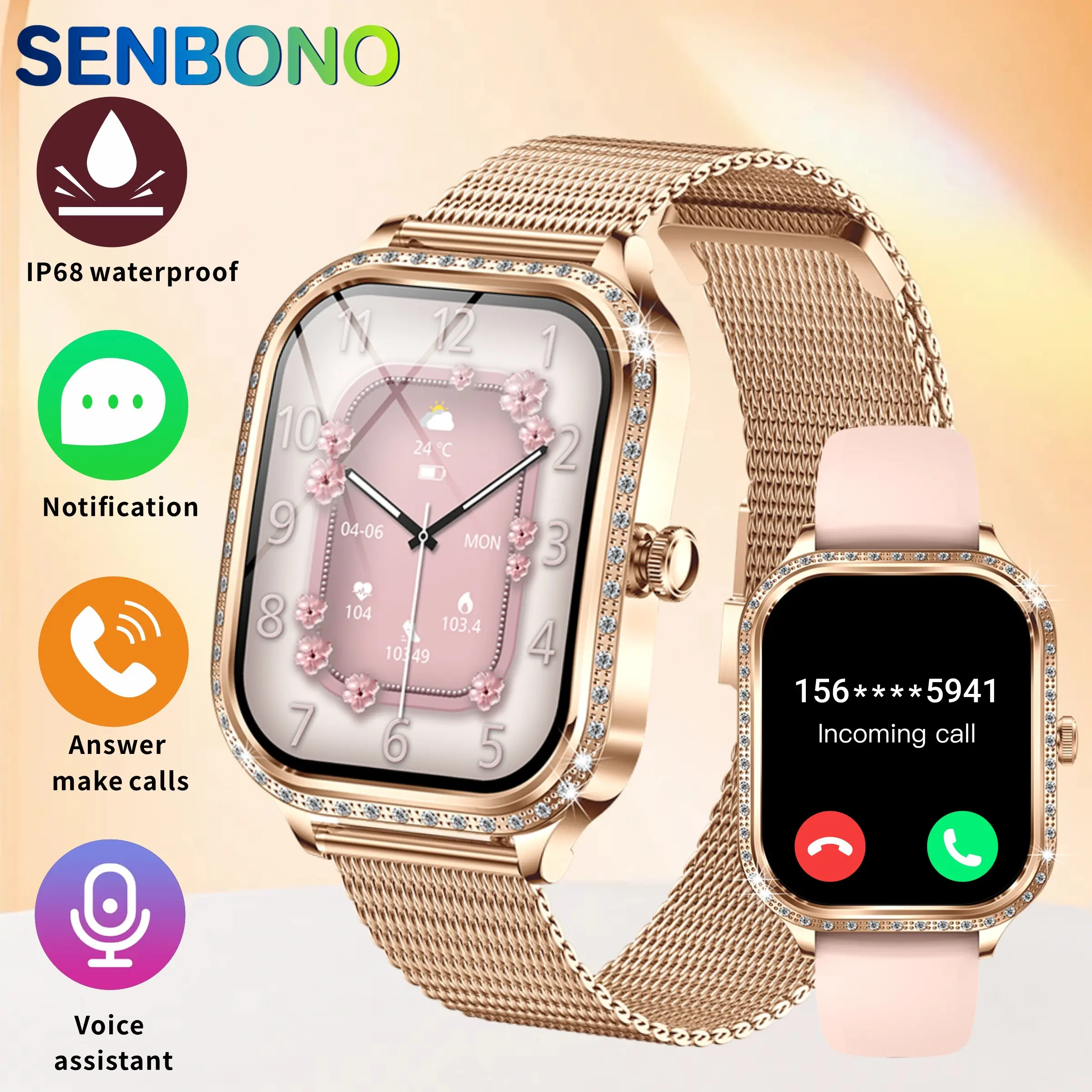 SENBONO Ladies' Smart Watch for Women , Touchscreen Smart Watch, 1.75'' HD Full Touch Screen, Wireless Calling, Multi Sport Mode, Call Reminder and Rejection, SMS Reminder, Fitness Monitor, DIY Wallpaper, Preferred Gift for Ladies and Women