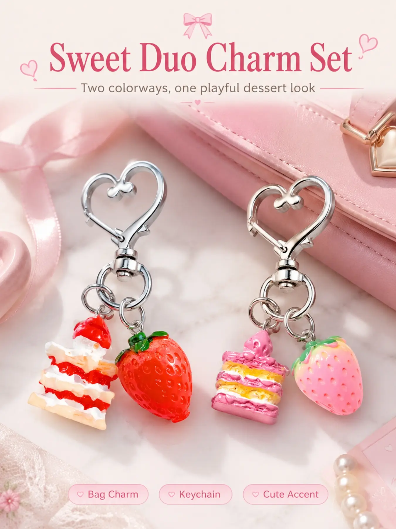 Simulation Resin Strawberry Cake+Fruit Strawberry Double Pendant Set Strawberry & Cake Keychain Fruit Dessert Keyring Strawberry Shortcake Key Chain Strawberry Cream Layered Cake Bag Charms Coquette Aesthetic Strawberry Layer Cake Bag Purse Accessories