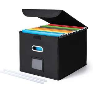 File Organizer Box with Lid, Large  File Folder Organizer with Plastic Slide, Collapsible Portable Filing Storage Boxes for Office/Decor/ (Black, 14.9 x 12.59 x 10.8 inch)