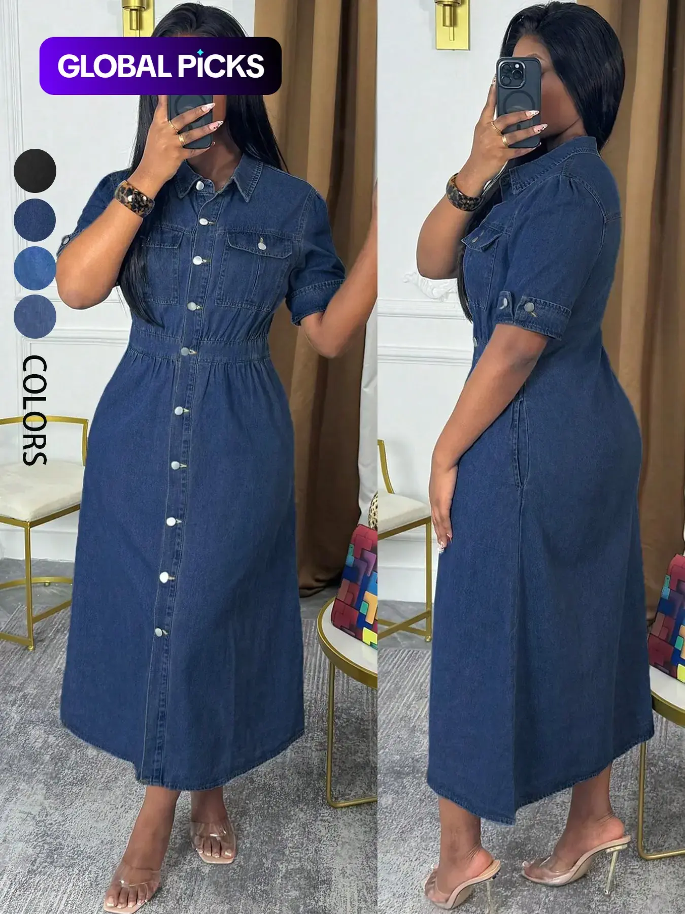 Chic Women Denim Shirt Dress - Basic Button Down Midi with Chest Pockets & Short Cuffed Sleeves | Effortless Casual Jean Dress