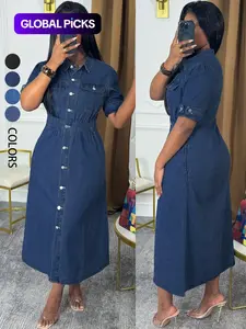 Chic Women Denim Shirt Dress - Button Down Midi with Chest Pockets & Short Cuffed Sleeves | Effortless Casual Jean Dress