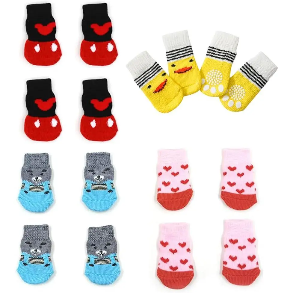 16-Piece Breathable Cloth Anti-Slip Dog Socks for Small Dogs (Size S, Yellow Duck, Animal Motifs, Vibrant Prints, 1.2in/3cm Width), 4-Style Non-Skid Paw Socks with Grips, Indoor Hardwood Floor Protection, Licking Prevention, Pink Heart