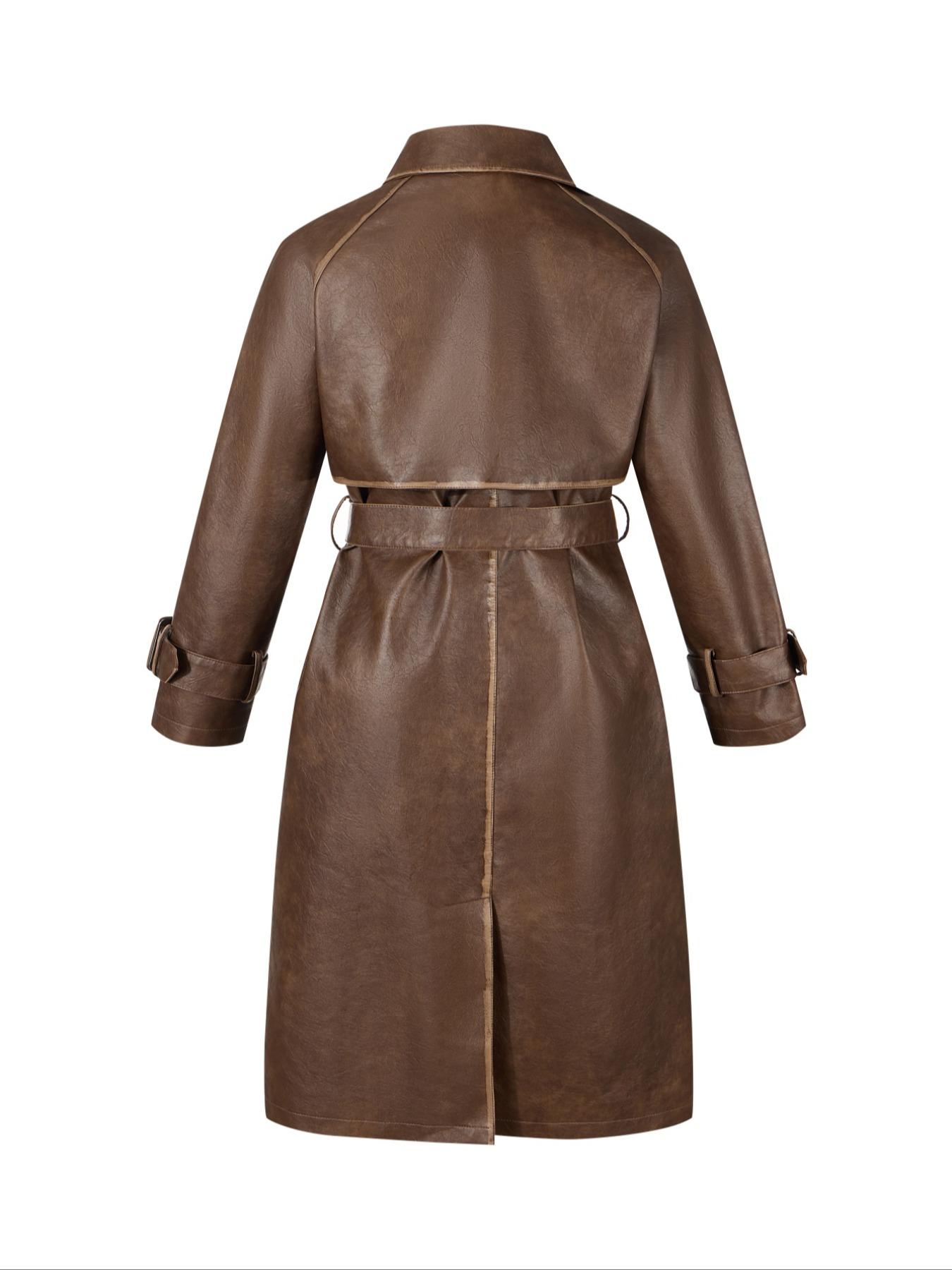 Women's Spring British Style PU Long Jacket, Casual Fitted Windbreaker, Lightweight Elegant Commuter Coat, Includes Waistband