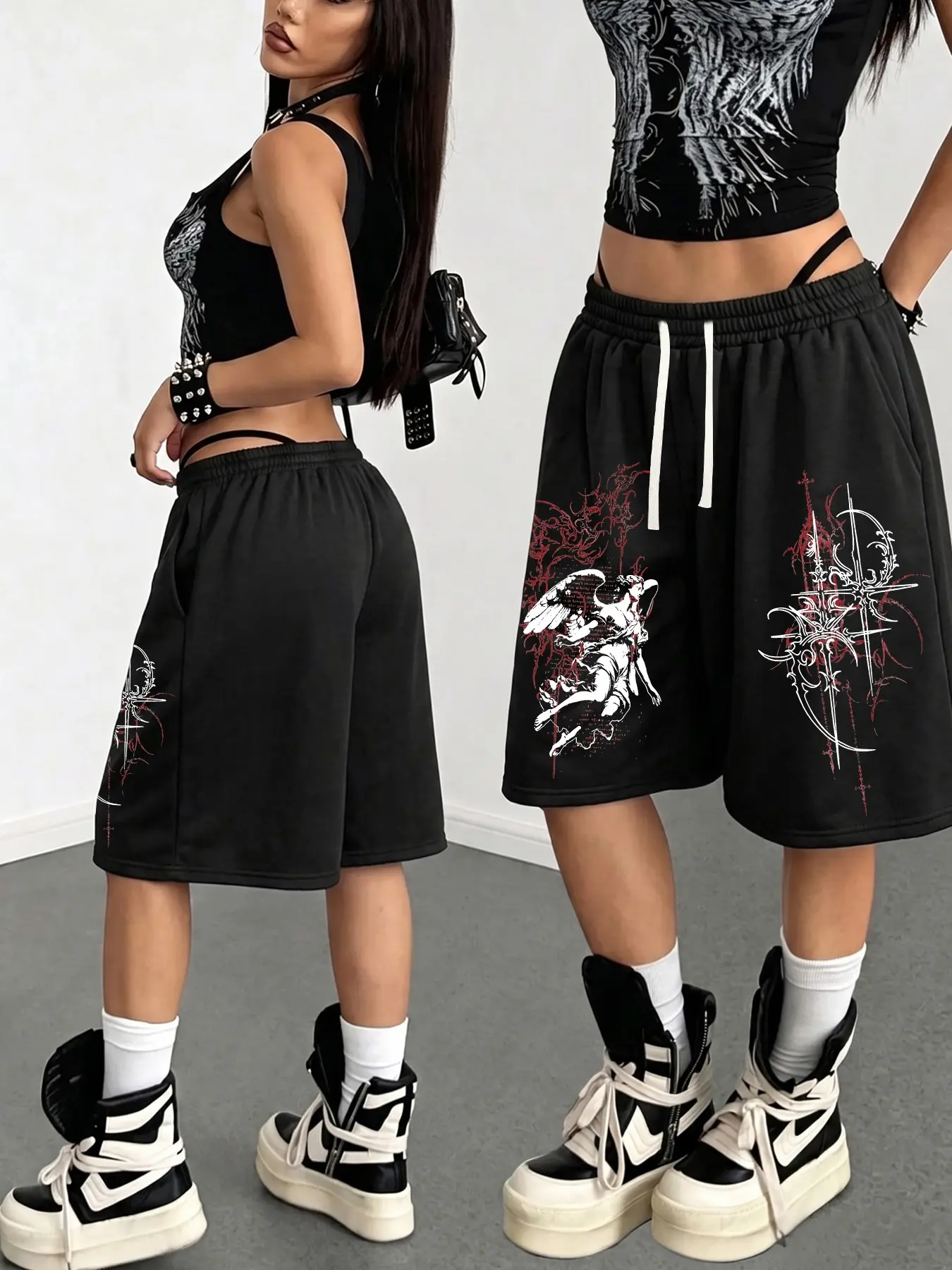 Women Gothic Angel Sword Cross Thorn Print Baggy Sweat Shorts Y2K Alt Elastic Drawstring Knee‑Length Loose Dark Punk Streetwear Shorts With Side Pockets Casual Shorts Loungewear #GothicShorts #AltFashion #Y2KShorts
