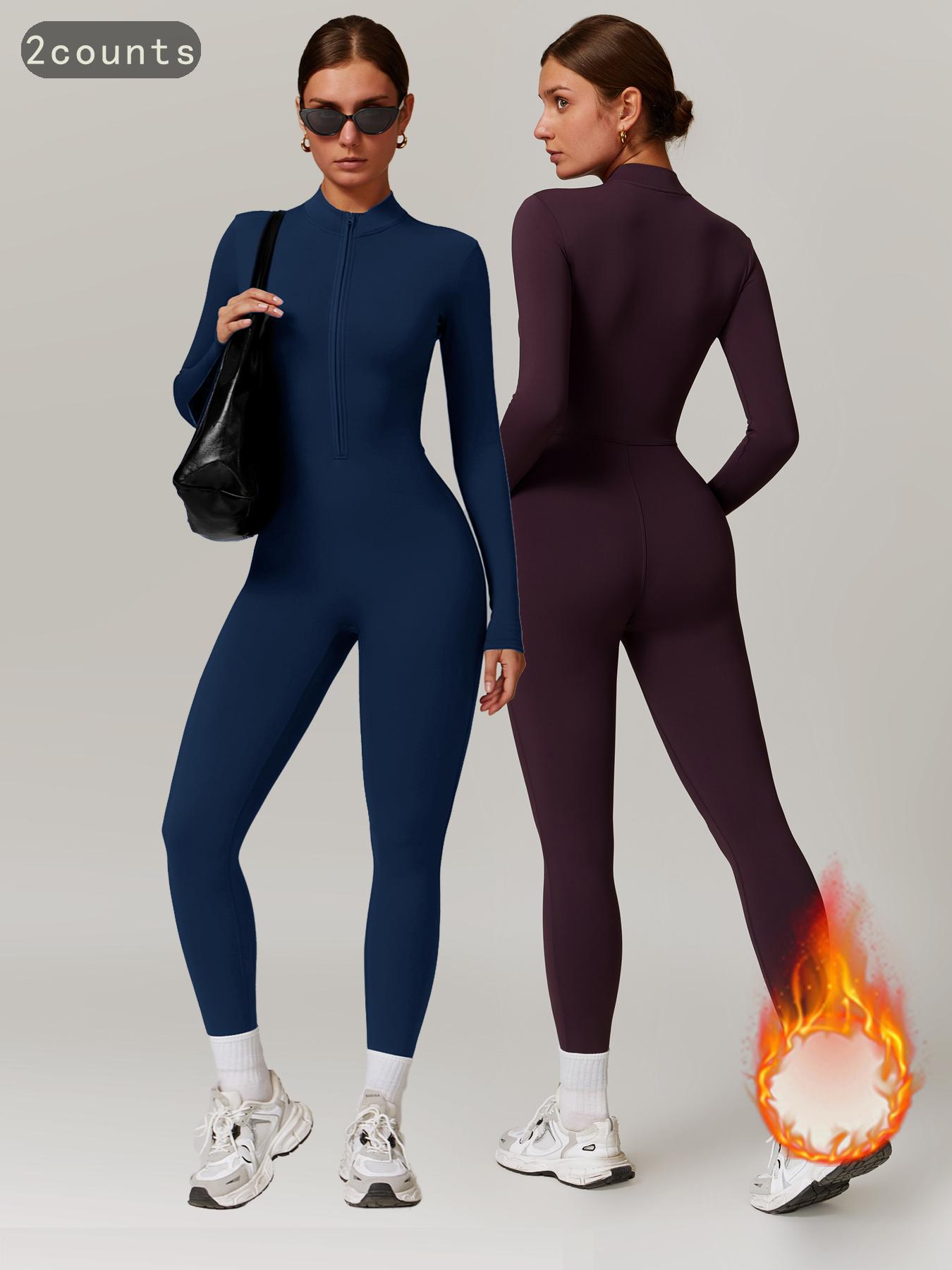 Women's Solid Zip-up Skiing Jumpsuit, Sporty Long Sleeve Onesie for Skiing Cycling, Fall & Winter Ladies Sportswear, Stretchable Activewear, Sporty Comfy Jumpsuit