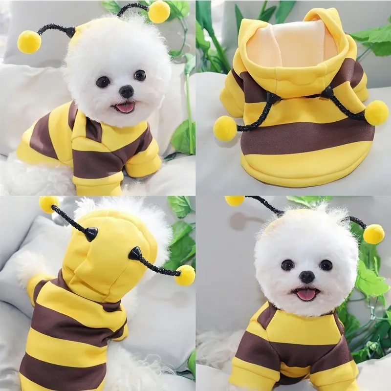 Cute Bumblebee Pet Costume, Warm Fleece-Lined Hoodie for Small Dogs and Cats, Cosplay Outfit for Fall and Winter, Small Breed, One-Piece, Hooded Hoodie