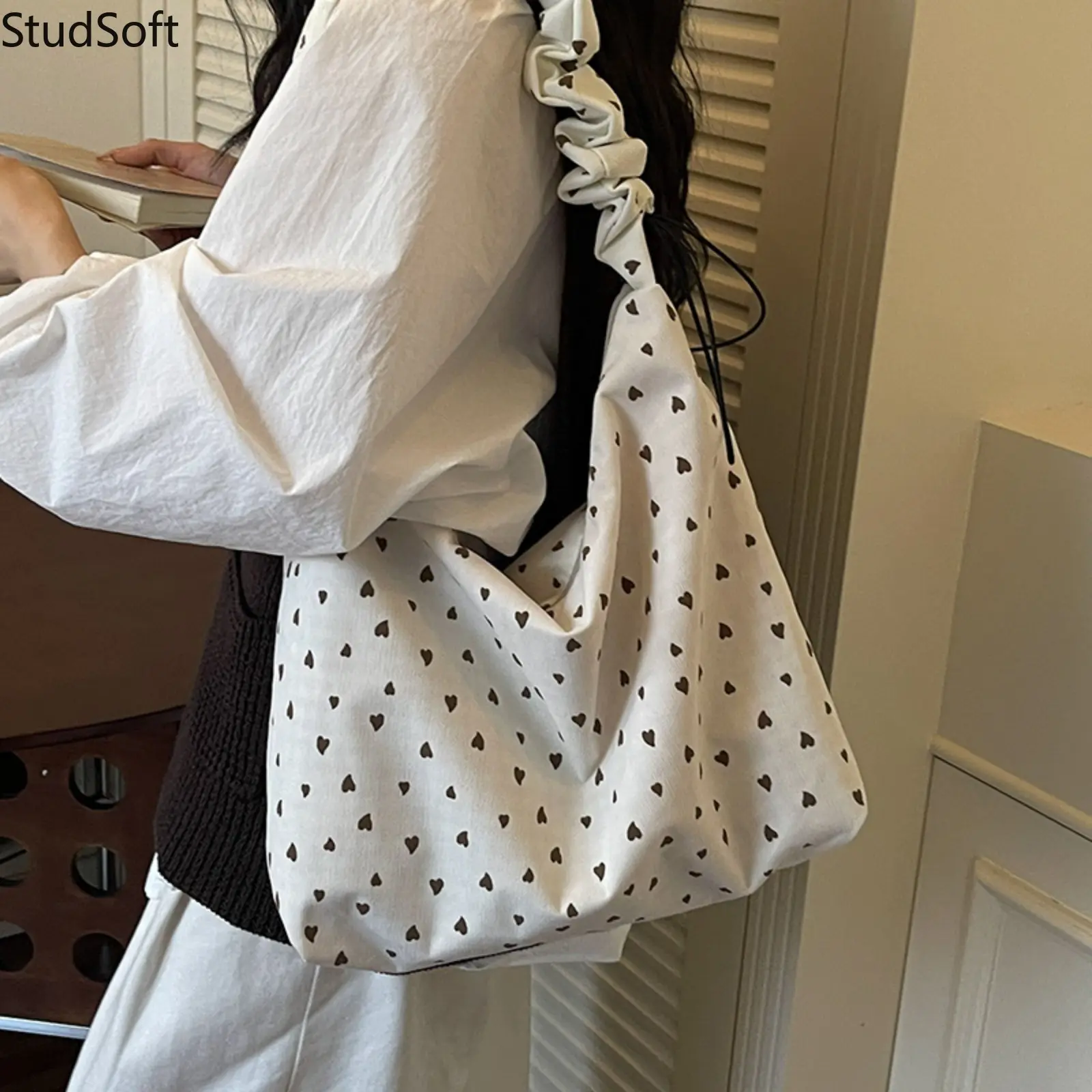White Shoulder Bag Heart Print Canvas Underarm Purse Ruched Strap Slouchy Hobo Bag Large Capacity Korean Ins Style School Travel, Large Capacity Bag