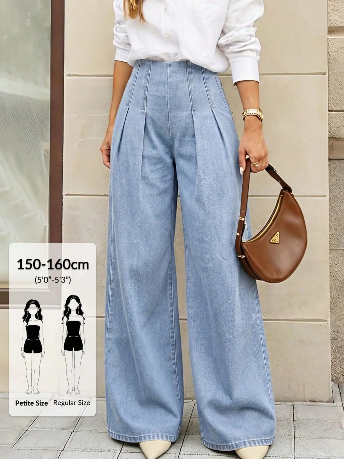 Light Blue High-Waisted Pleated Wide-Leg Jeans, Petite Friendly Flowy Casual Pants, All Seasons Loose-Fitting Letter Pattern