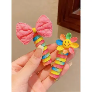 2pcs New Braided Hair Ties, Sunflower Smile face Telephone Wire Hair Ties, Butterfly Knot Phone Cord Elastic Hair Bands, High Stretch Braiding Tool for Women, Ponytail Bubble Braid Accessories  Gift