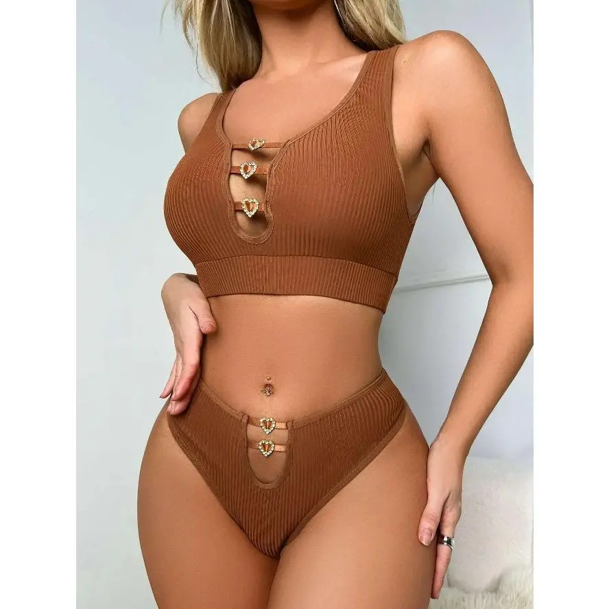 Women's 2-Piece Knit Ribbed Cotton Fashion Loungewear Set - Sleeveless Heart Cutout Crop Top, High-Waisted Bottoms, Breathable Gentle Stretch Casual Everyday Clothes