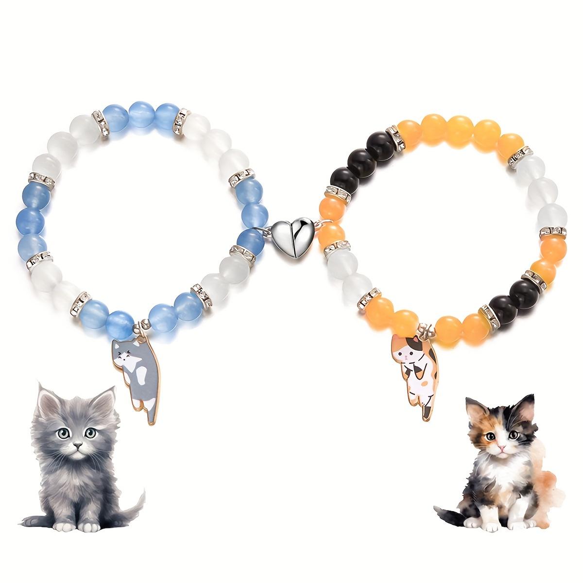 2pcs Magnetic Couple Bracelets with Cat Charms, Romance Style, Matching Friendship Bracelet Set with Heart Pendant, Creative Gift for Cat Lovers