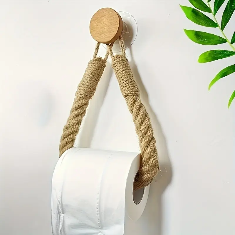 Vintage Handwoven Bathroom Storage Hanging Rope, Self-Adhesive Toilet Paper Holder, Rustic Knot Design, No Tools Needed, Natural Material, Bathroom Accessories