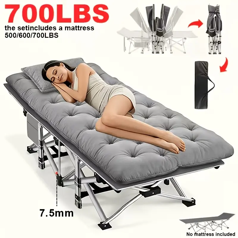 75-Inch Heavy Duty Comfort Folding Camping Bed, Extra Large Thickened, Multi-Leg Stable Support, 700/600/500 Lbs Load Capacity, Mattress Not Included (Optional), Portable Sturdy Bed Frame