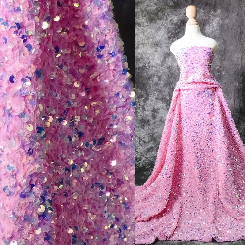 Pink iridescent sequin flocked fabric, sparkly glitter paillettes embroidery cloth for wedding dresses, party gowns, DIY craft decoration