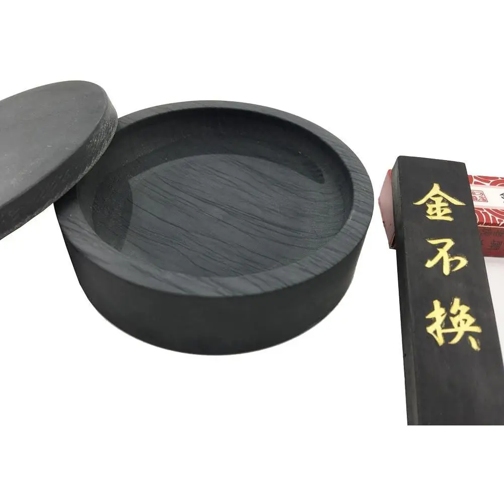 Ink Stone for Chinese Calligraphy Natural Stone Wavy with Cover 4"+ Ink Stick 1pcs