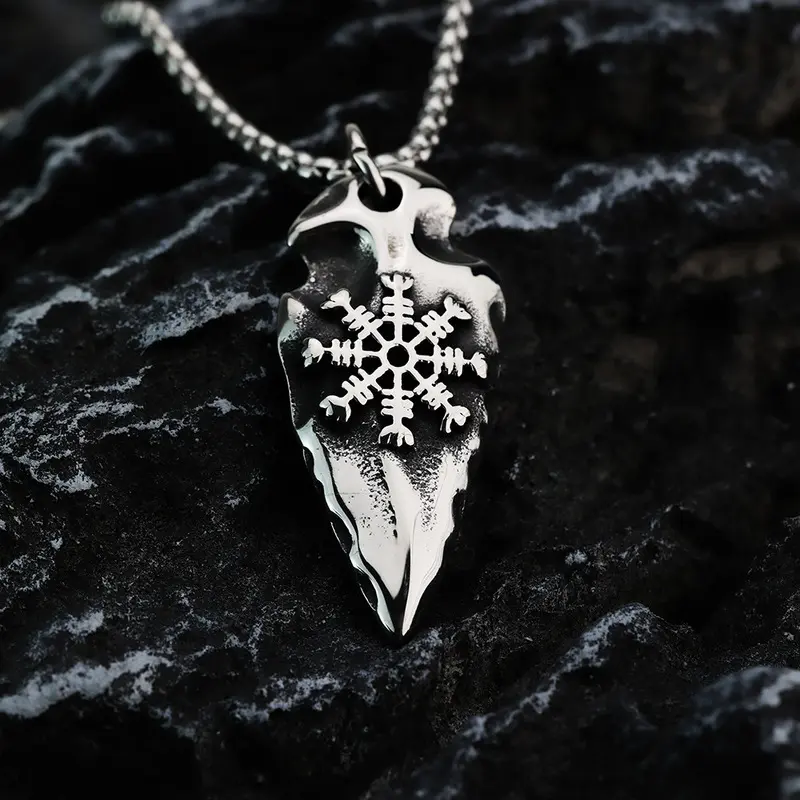 Retro Viking Unisex Arrowhead Pendant Necklace - Stainless Steel, Norse Rune Engraved, Statement Chain Fashion Costume Jewelry